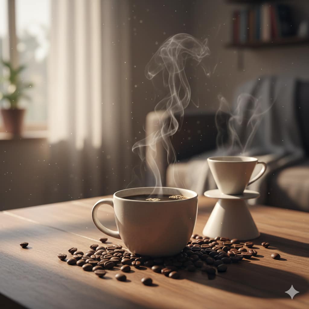 湯気が立つ淹れたてのハンドドリップコーヒーと、横に置かれたコーヒー豆。温かみのある雰囲気。