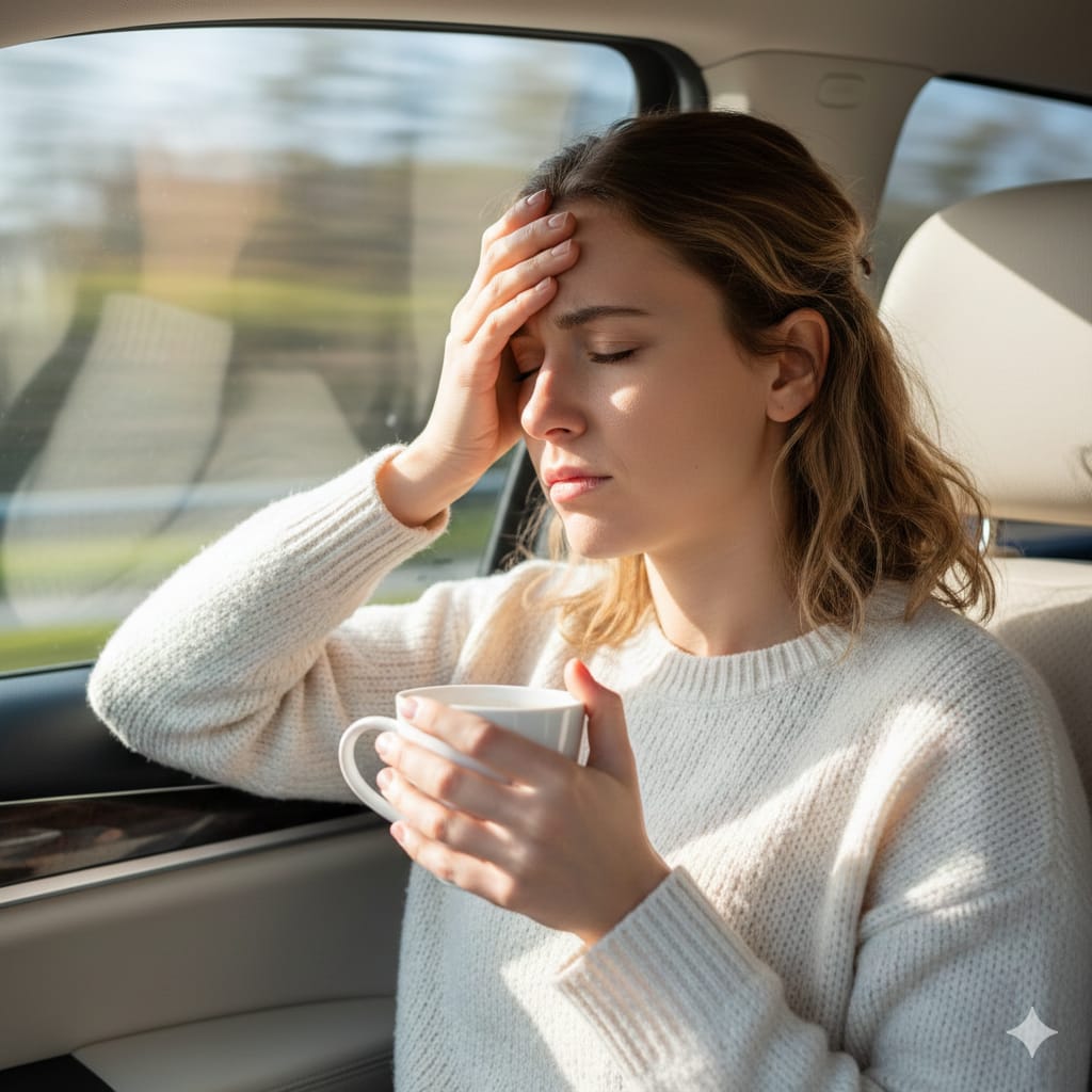 車の中でコーヒーを持って少し気分が悪そうな人物（ただし、不快感を与えすぎない清潔感のあるトーン）