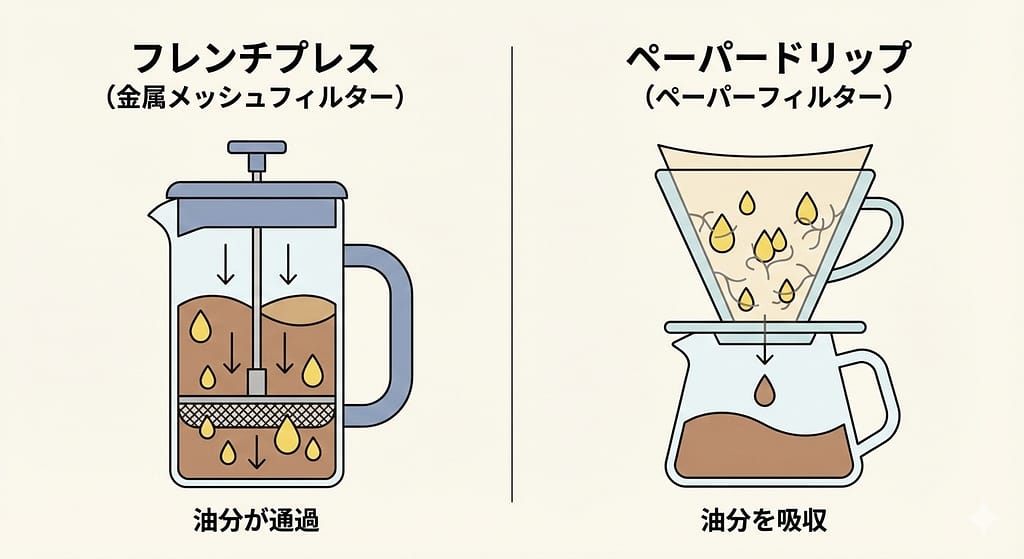 左側にフレンチプレス（または金属フィルター）、右側にペーパーハンドドリップを配置した比較イラスト。金属側は油分が通り抜け、ペーパー側は油分がブロックされている様子を矢印などで図式化したもの。
