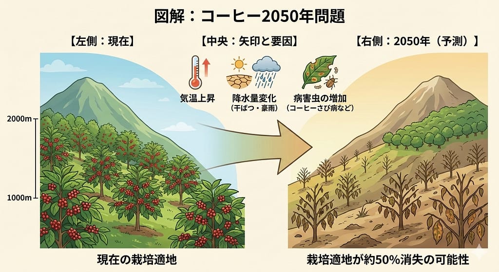 コーヒー2050年問題の概念イラスト