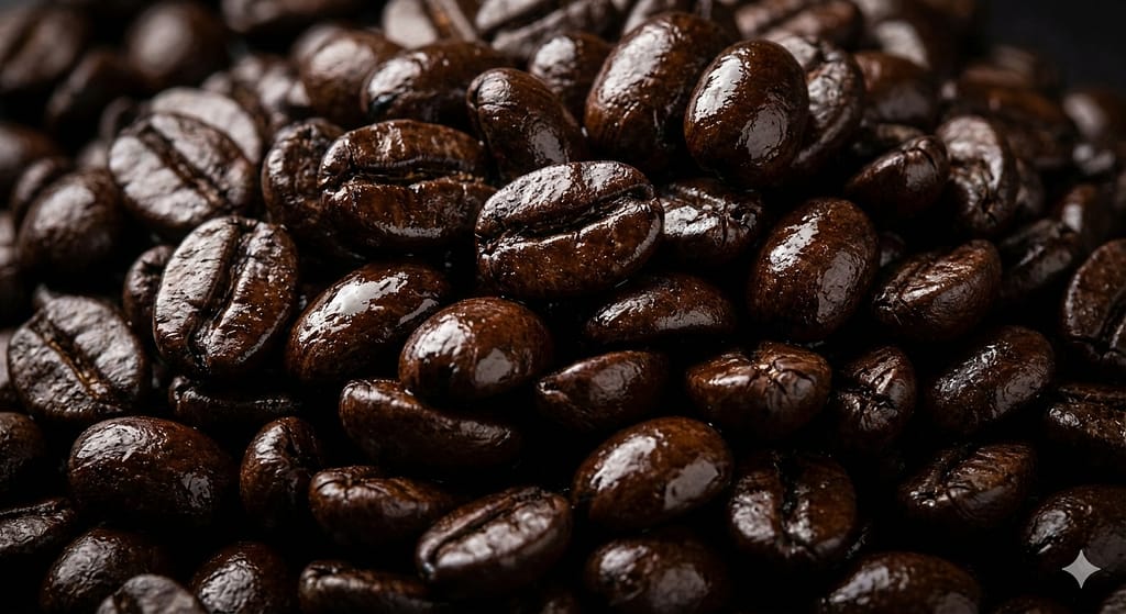 深く焙煎された黒褐色のコーヒー豆の山。豆の表面が自身の油分でテカテカと光っている様子。