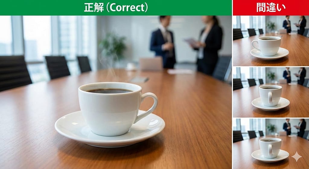 「持ち手は右側」という正しいマナーと、間違った例を一目で比較させる