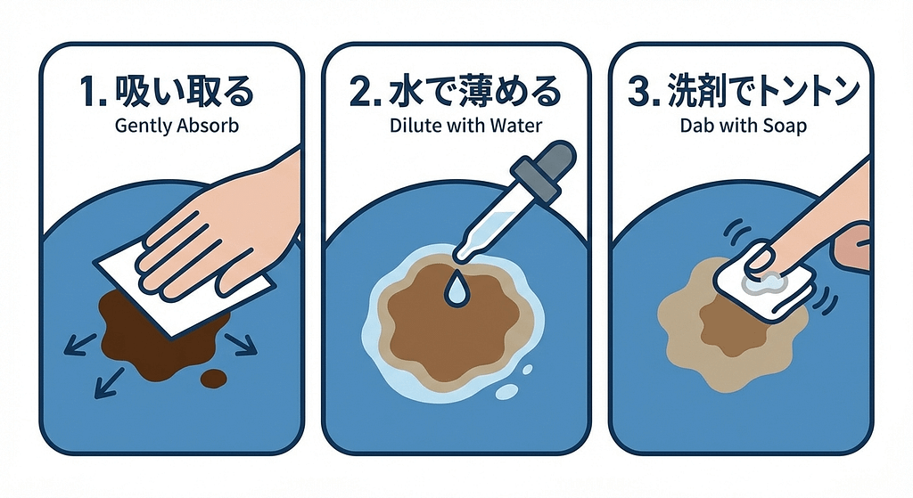 3ステップ(吸い取る→水で薄める→洗剤)のフローチャートイラスト。