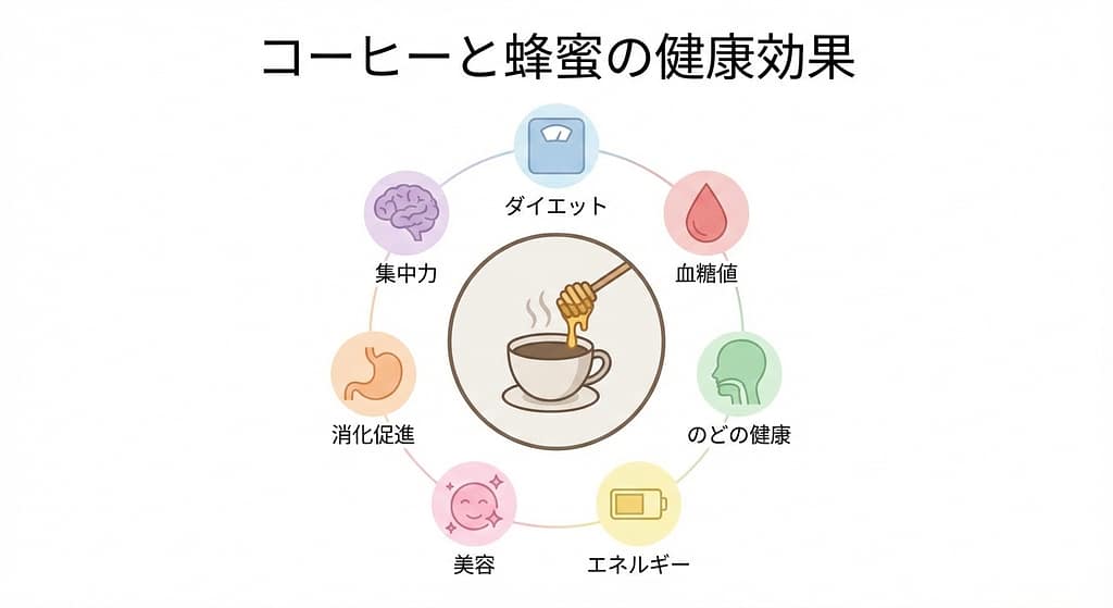 7つのメリット（ダイエット、血糖値、喉、疲労回復、美容、腸活、集中力）をアイコンと短いテキストでまとめたイラスト図解。