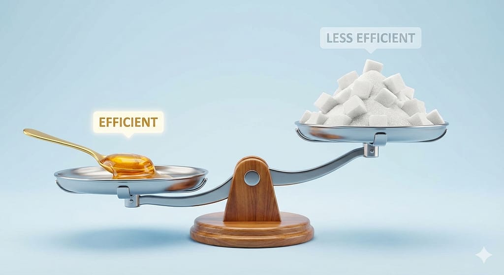 秤（スケール）に乗った「少量のはちみつ」と「大量の砂糖」が釣り合っている（またははちみつが優勢な）イラスト。「少量で甘い」 ことを表現。