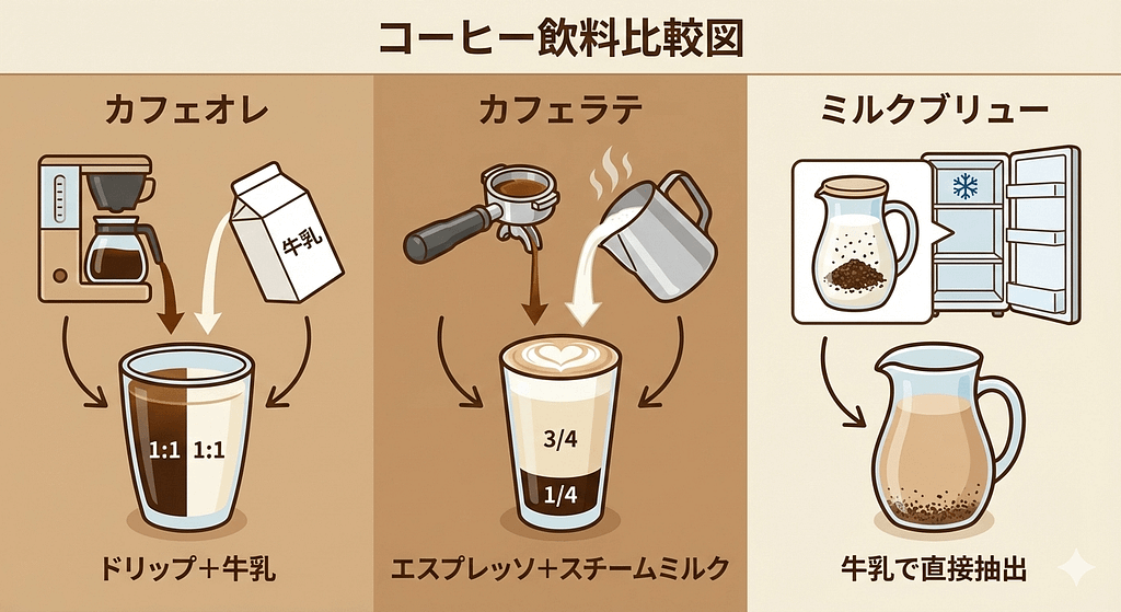 カフェオレ、カフェラテ、ミルクブリューの違いを解説するイラスト図解。抽出方法と牛乳の割合。
