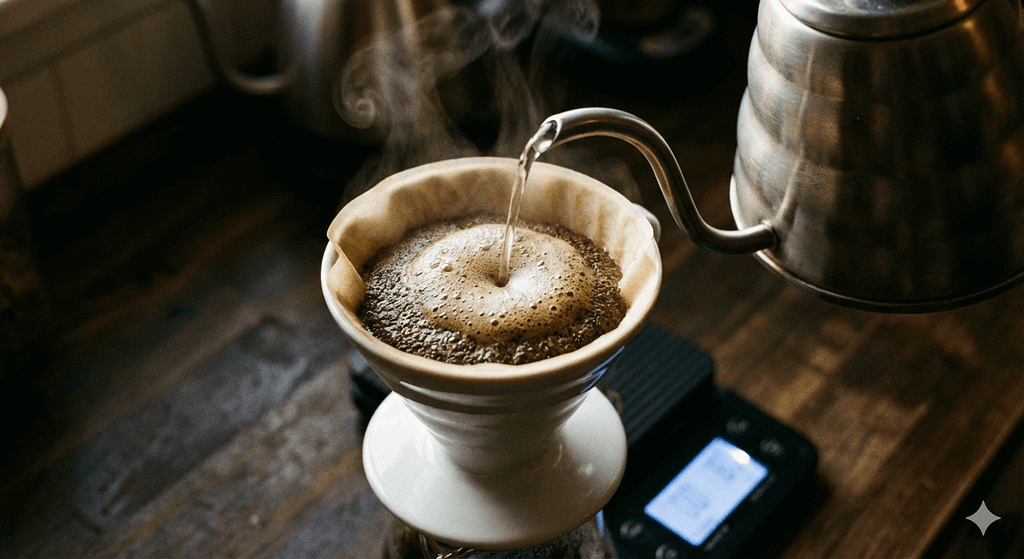 46メソッドの1投目、細口ケトルでお湯を注いでコーヒー粉を蒸らす様子