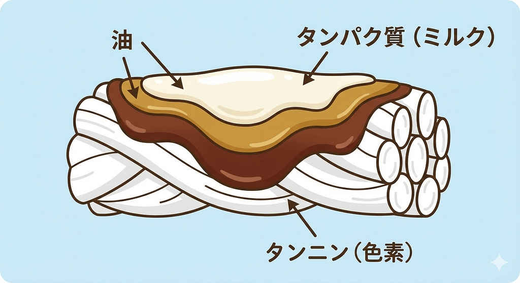 汚れの3層構造(色素・油分・タンパク質)を示す図解イラスト。
