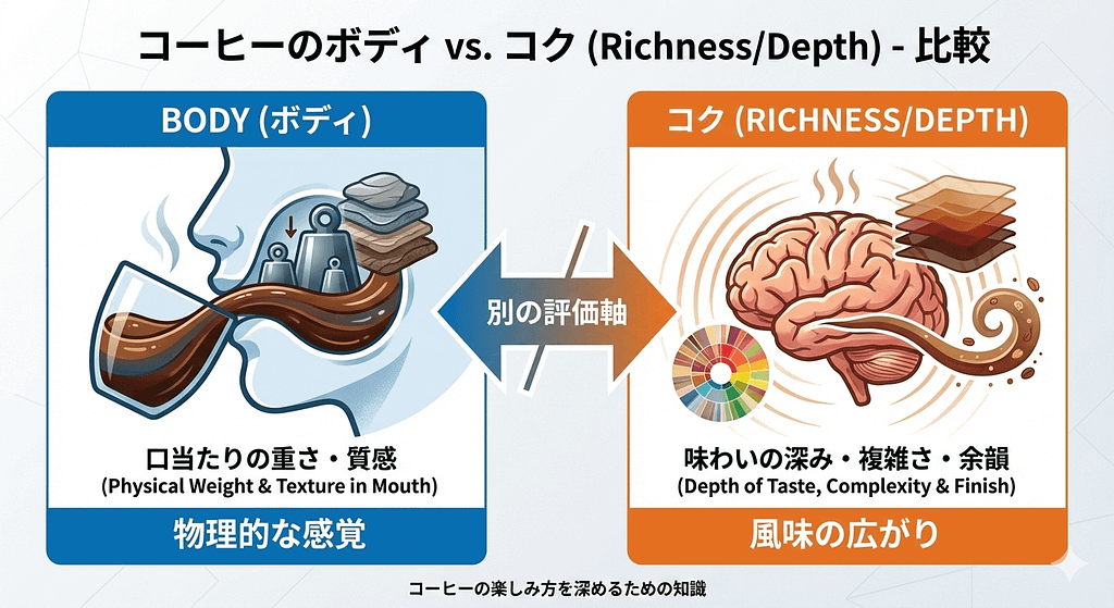 コーヒーにおけるボディ（口当たりの重さ）とコク（味わいの深み・余韻）の違いを解説する比較インフォグラフィック。