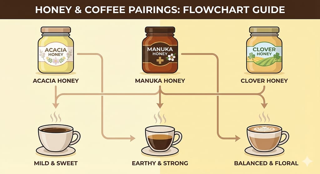 「純粋はちみつ」を選ぶべき理由や、花の種類（アカシア、レンゲ、マヌカ）の特徴をまとめたチャート図のベース。