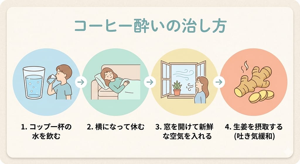水を飲む」「横になる」「換気」「生姜」などの対策をステップ形式またはタイル形式で並べたもの