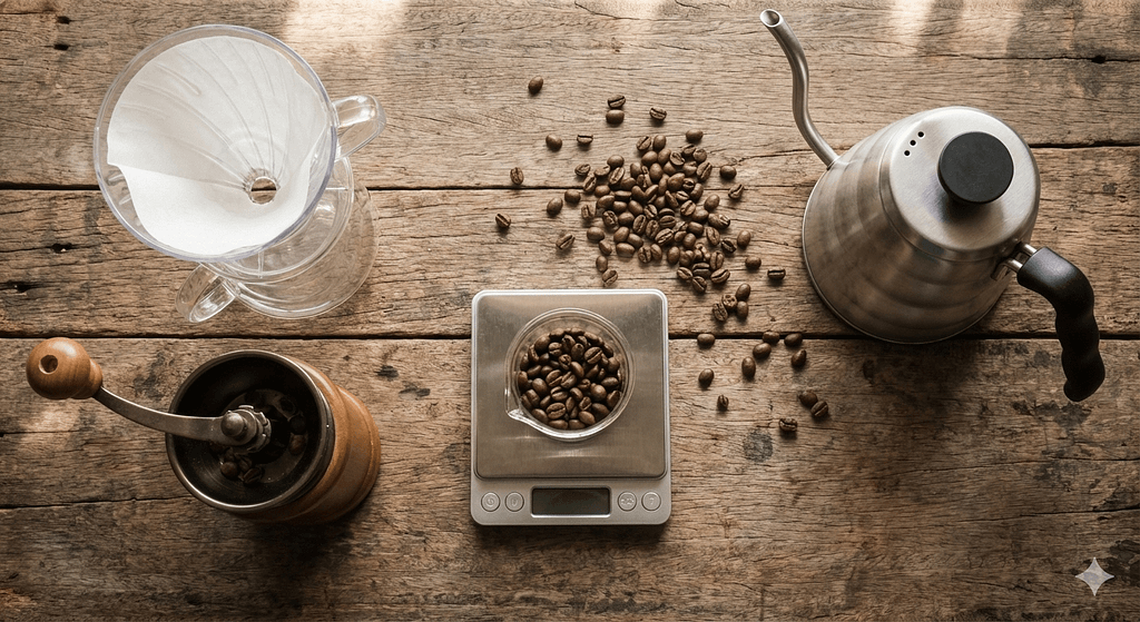 46メソッドに必要な基本道具（コーヒードリッパー、手挽きミル、スケール、細口ケトル）