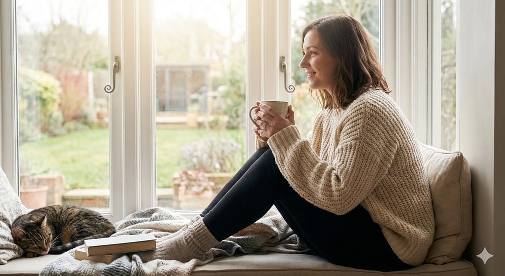 リラックスした女性（ターゲット層  に合わせる）が、窓際で本を読みながらマグカップを持っているシーン。