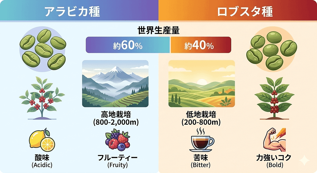 コーヒー豆の2大品種、アラビカ種とロブスタ種の栽培条件、味、生産量の違い比較図