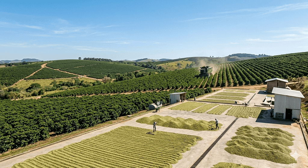 ブラジルのミナスジェライス州にある広大なコーヒー農園と天日乾燥の風景