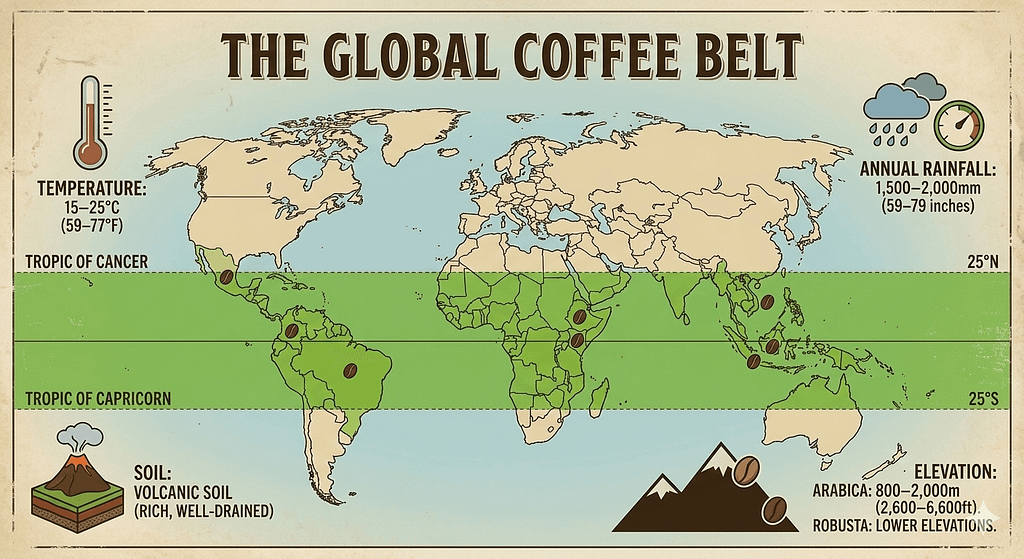 赤道を挟む北緯25度から南緯25度のコーヒー栽培に適した地域「コーヒーベルト」の地図図解