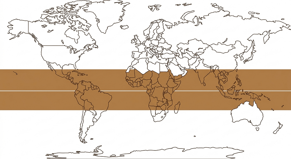 コーヒー豆の栽培に適した赤道直下のエリア「コーヒーベルト」の世界地図