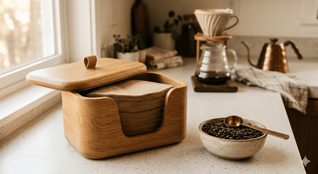 蓋つきのケースに清潔に収納されたコーヒーペーパーフィルター