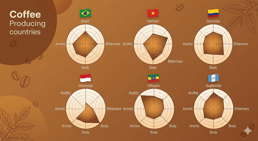 主要コーヒー生産国の味の特徴（酸味・苦味・コク・香り）を比較したレーダーチャート