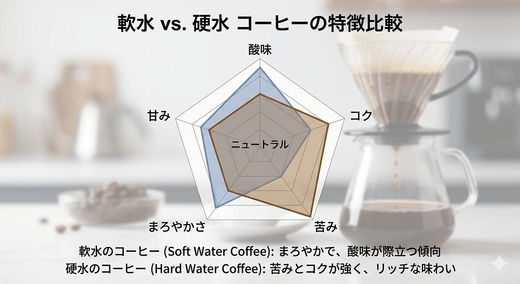 軟水コーヒー(酸味・まろやかさ)と硬水コーヒー(苦み・コク)の味の特徴を比較したレーダーチャート