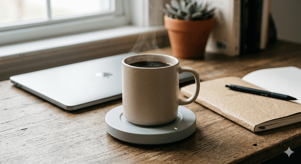 デスクで保温プレート(コーヒーウォーマー)を使ってコーヒーを適温に保つ様子