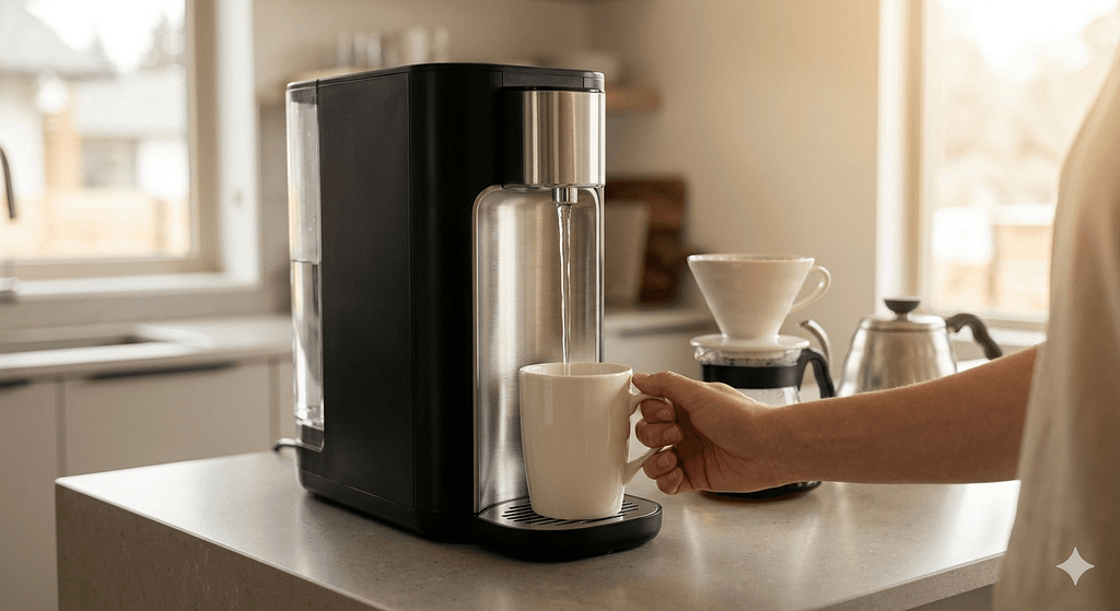 モダンなキッチンに置かれたウォーターサーバーと、グラスに水を注ぐ様子。おいしいコーヒー作りのイメージ