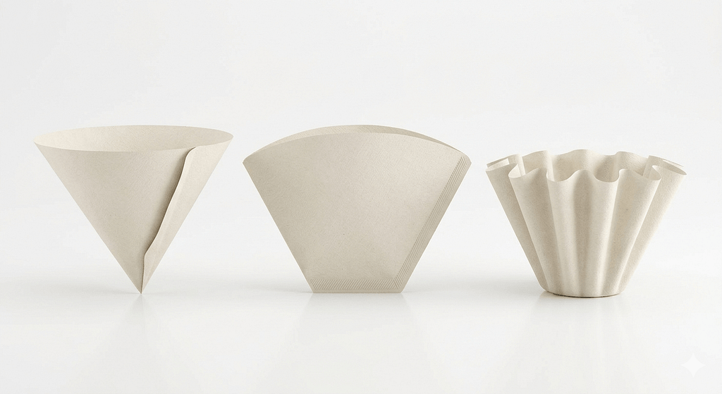 円錐型、台形型、ウェーブ型のコーヒーフィルターの形状比較