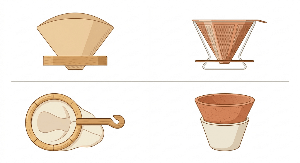 ペーパー、ステンレス、ネル、セラミックの4種類のコーヒーフィルター比較