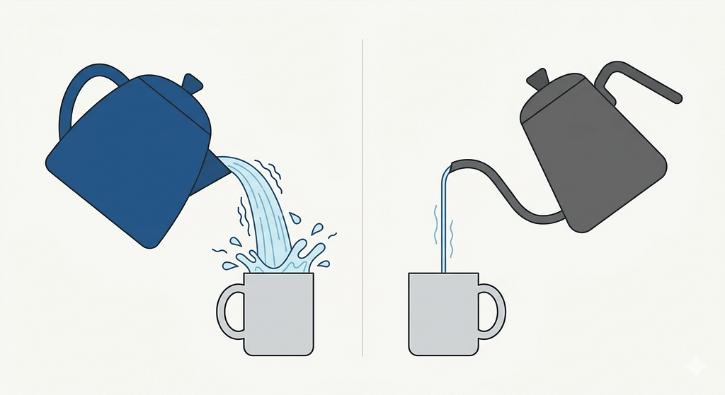 普通の電気ケトルとコーヒー用細口ケトルの注ぎ口と水流の違いの比較図