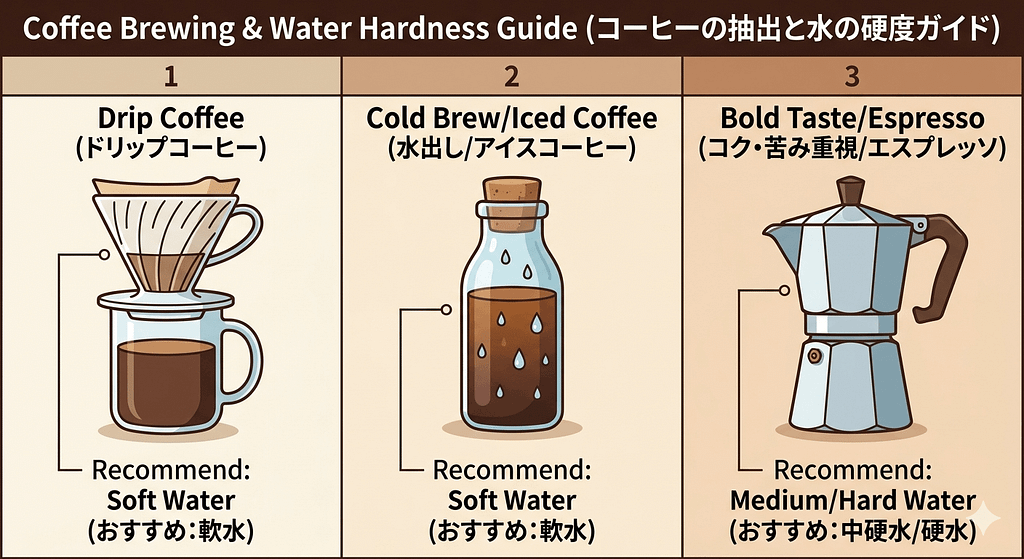 コーヒーの種類(ドリップ、アイス、コク重視)とおすすめの水(軟水・中硬水・硬水)の選び方ガイ