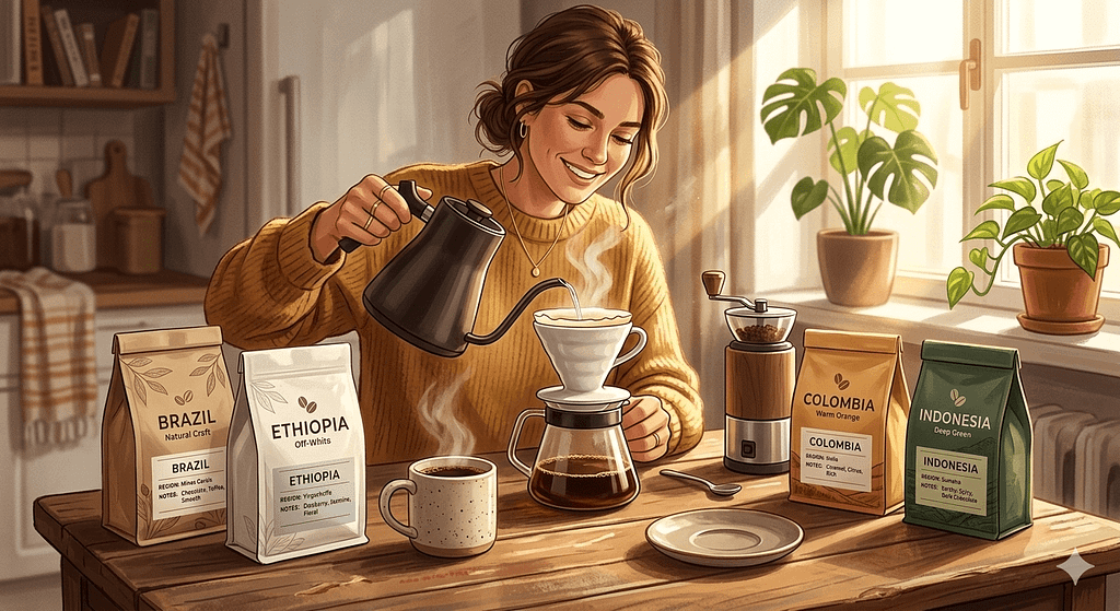 自宅で様々な産地のスペシャルティコーヒーを飲み比べる充実した時間のイメージ