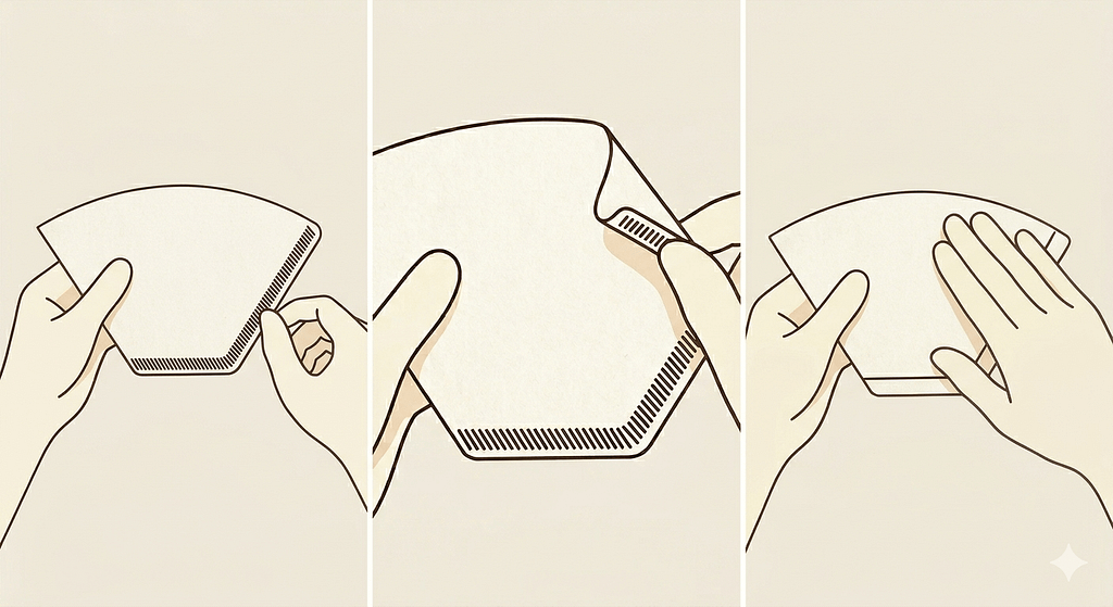 コーヒーペーパーフィルターの正しい折り方(圧着部分を折る手順)