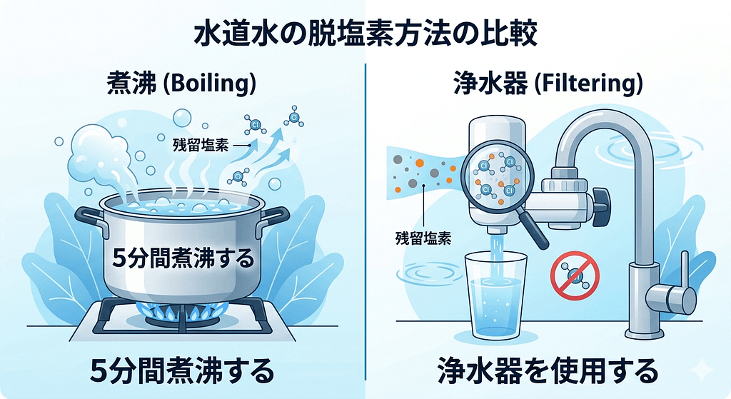 水道水のカルキを抜く2つの方法:煮沸する方法と浄水器を使う方法のイラスト解説
