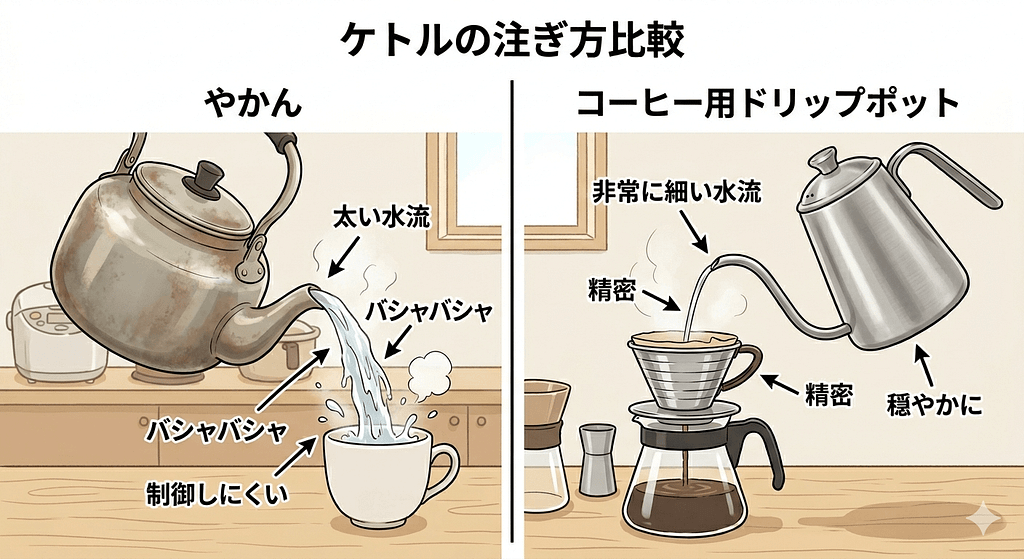 やかんでお湯を注ぐ様子と専用のドリップポットで細くお湯を注ぐ様子の比較