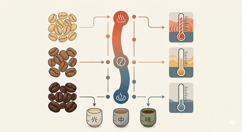 コーヒー豆の焙煎度合い(浅煎り・中煎り・深煎り)と最適なお湯の温度の関係図