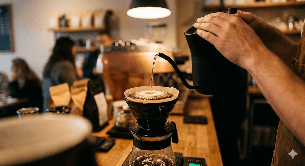 細口の電気ケトルを使って円を描くようにコーヒーをハンドドリップで淹れる手順