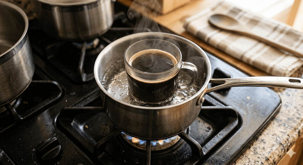 鍋にお湯を張り、耐熱グラスに入ったコーヒーを湯煎で温め直している様子