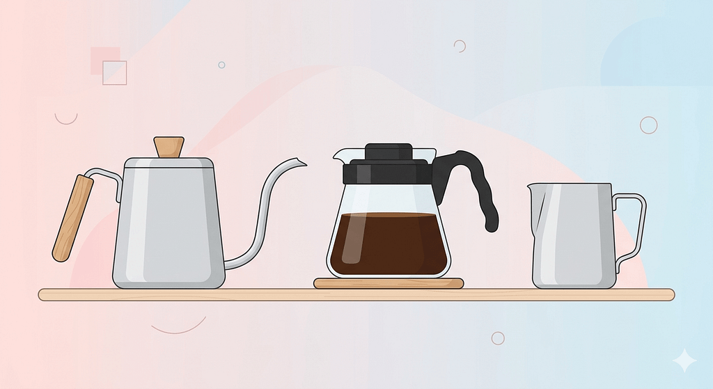 コーヒーを注ぐ3つの道具（ドリップポット、コーヒーサーバー、ミルクピッチャー）