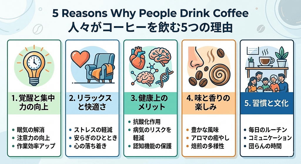 人がコーヒーを飲む5つの理由をまとめたインフォグラフィック