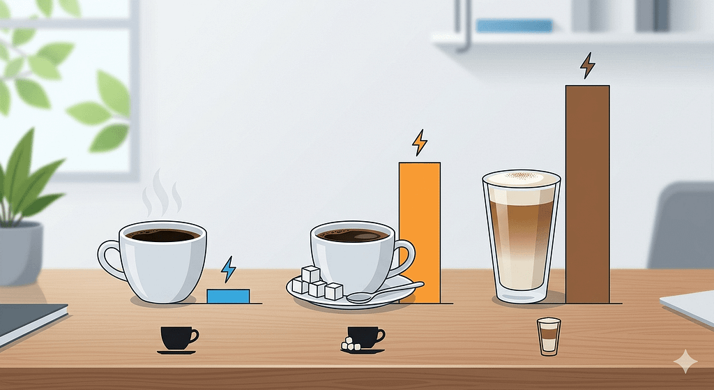 ブラックコーヒー、砂糖入りコーヒー、カフェラテのカロリー比較グラフ