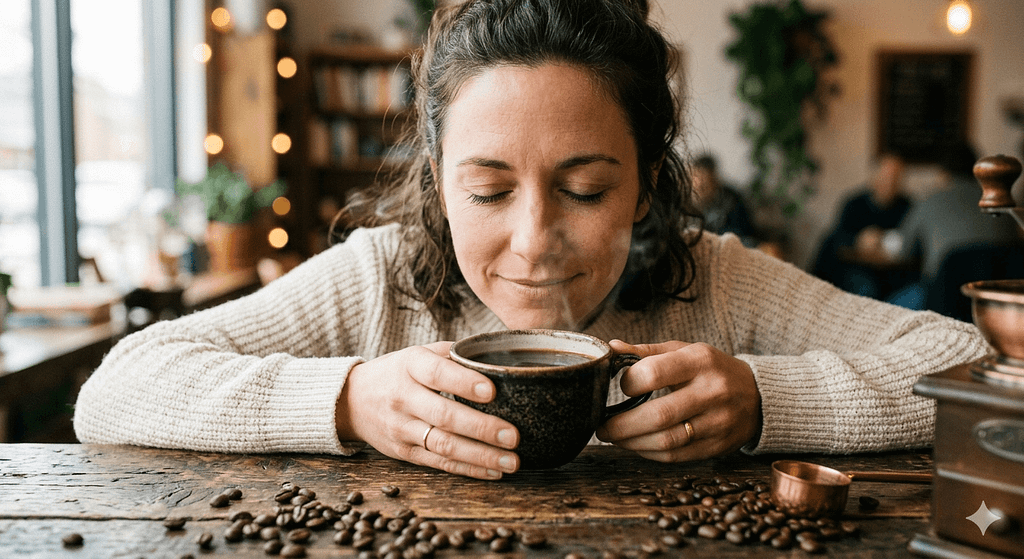コーヒーの香りをかぐ人物