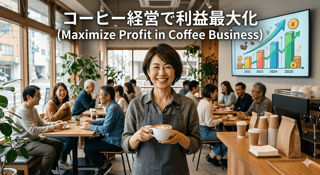 成功したカフェと笑顔の店主、利益グラフを示すまとめ画像