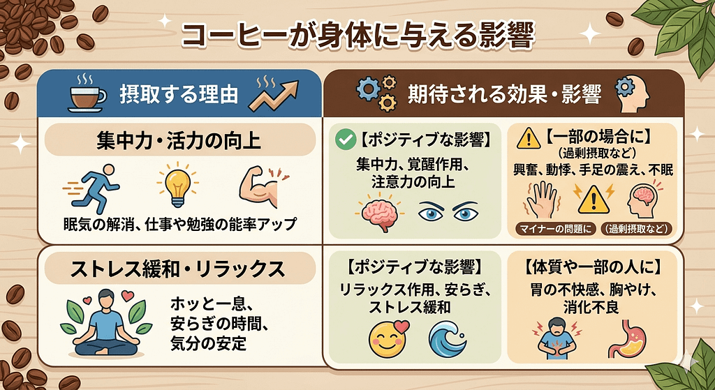 コーヒーが体に与える主な影響をまとめたインフォグラフィック表