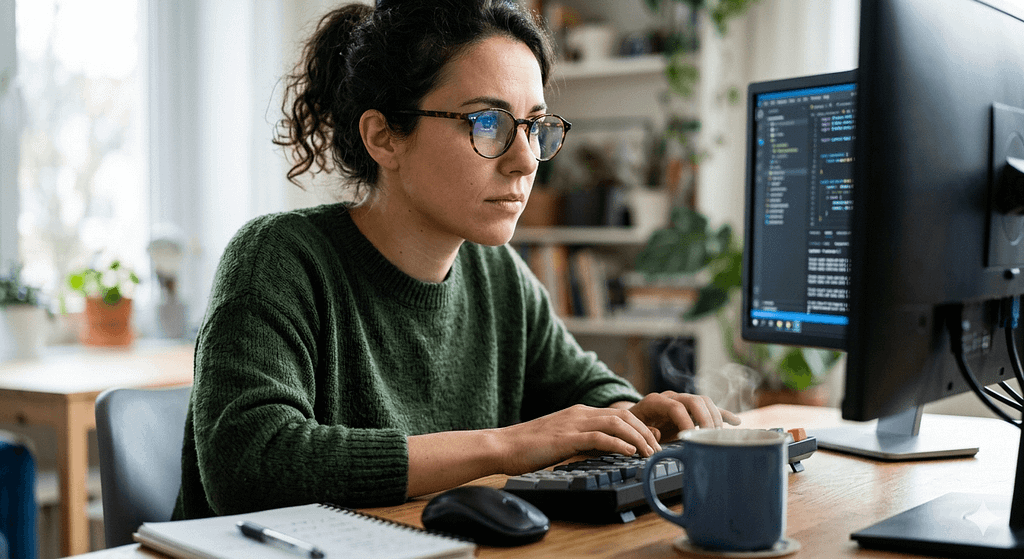 コンピュータの前で集中して作業する人物とコーヒー
