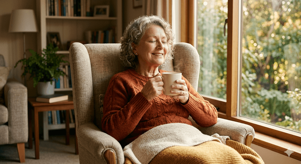 椅子でリラックスしてコーヒーを飲む人物