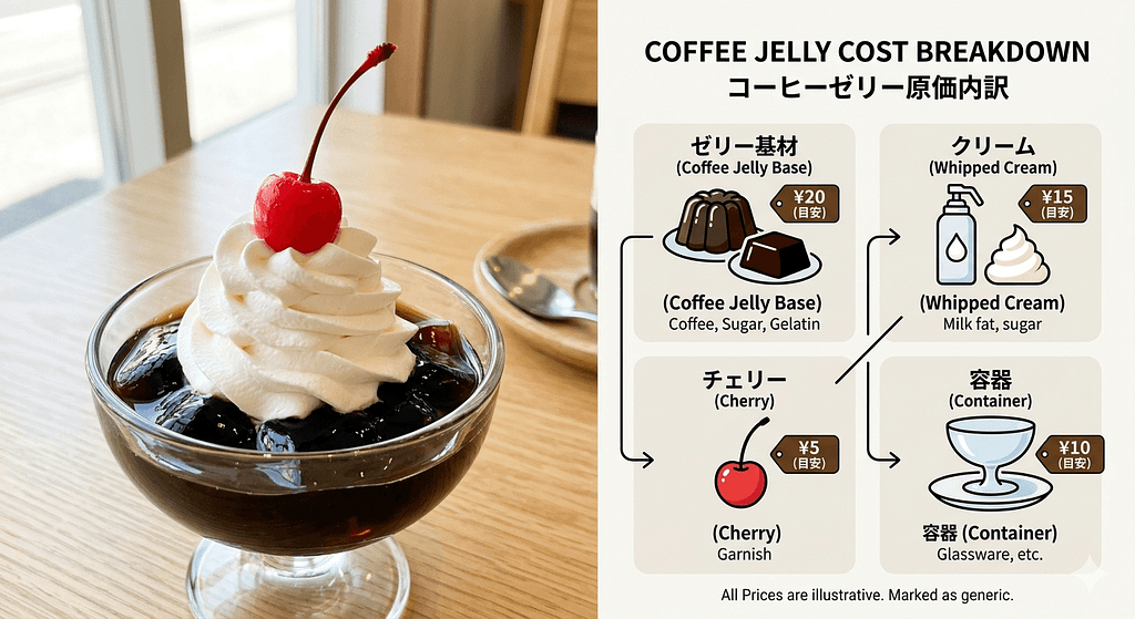 コーヒーゼリーの原価構成(ゼリー基材、クリーム、チェリー、容器)を示す画像