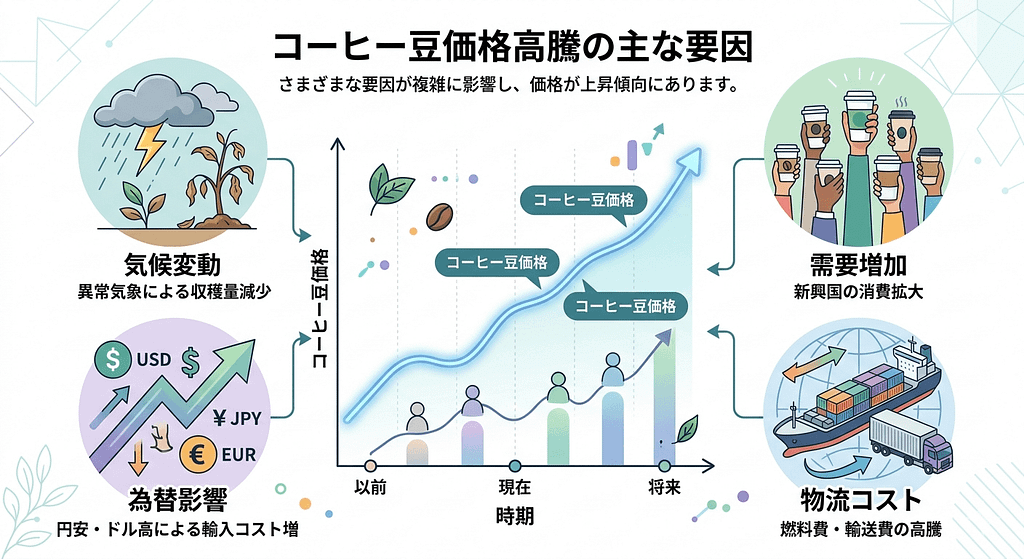 コーヒー豆価格の高騰要因を示す図解(気候変動、需要増加、物流コスト、為替)