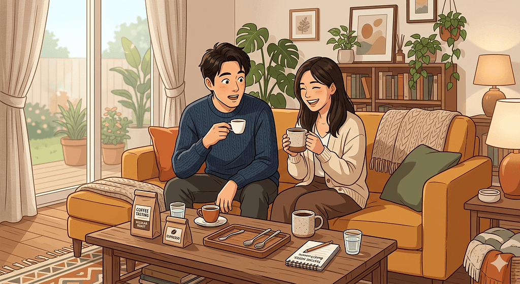 自宅でエスプレッソとドリップコーヒーを飲み比べる30代夫婦の体験談イラスト