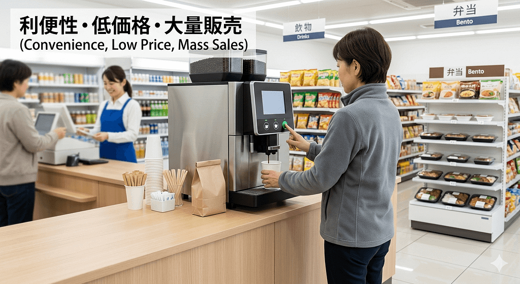 コンビニコーヒーの利便性・低価格・大量販売をイメージした画像