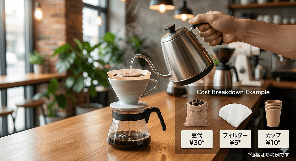 ドリップコーヒーの原価内訳(豆代、フィルター、カップ)を示す画像